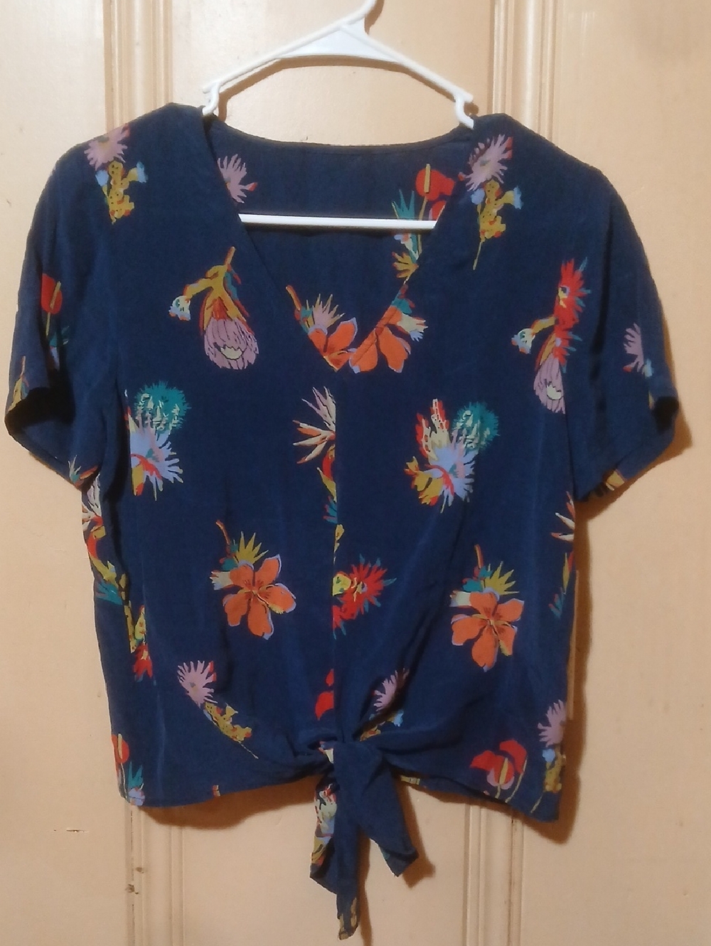 Navy Floral Tie-Front Women's Top